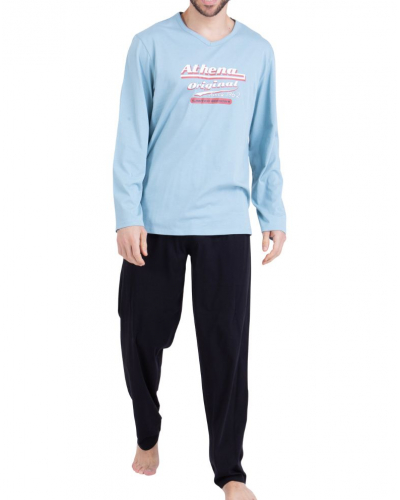 Pyjama long 100% coton Athena EcoPack Vintage (Bleu Gris/Noir)