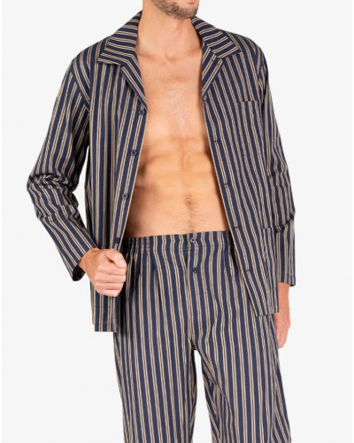 Long button-up pyjama 100% cotton Eminence Popeline (Marine/Rayures Beige)