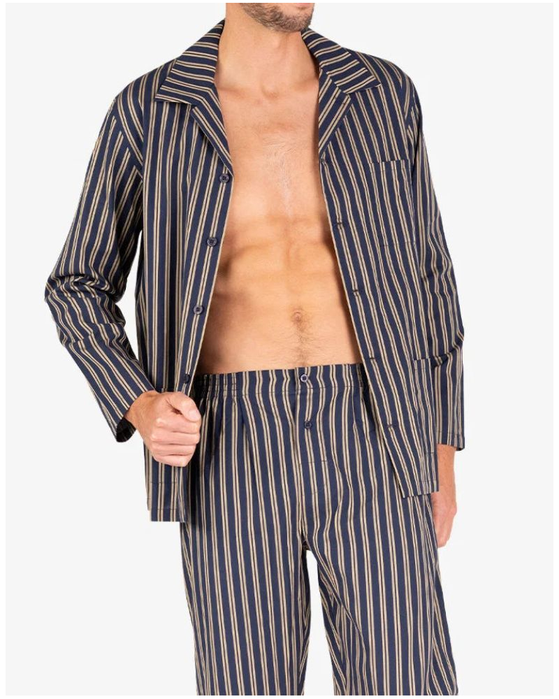 Pijama largo abotonado 100% algodón Eminence Popeline (Marine/Rayures Beige)