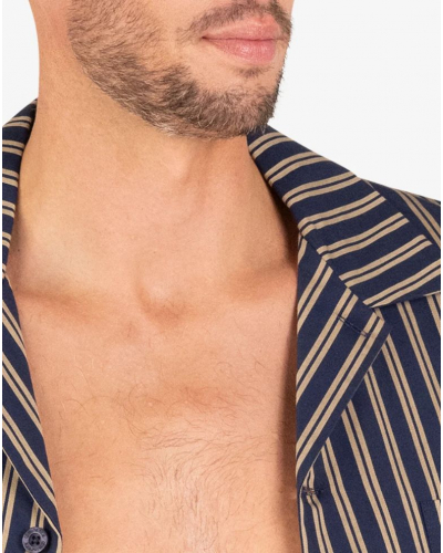 Pyjama long boutonné 100% coton Eminence Popeline (Marine/Rayures Beige)