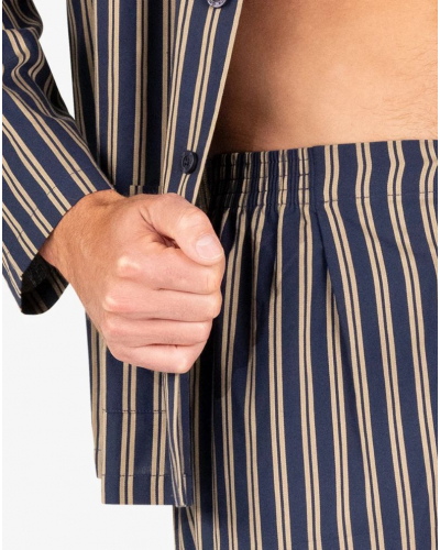 Pijama largo abotonado 100% algodón Eminence Popeline (Marine/Rayures Beige)