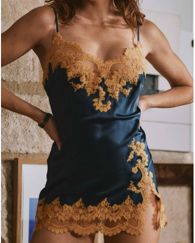 Silk short nightdress embroidery Marjolaine Dahlia Satin (Nuit/Doré)