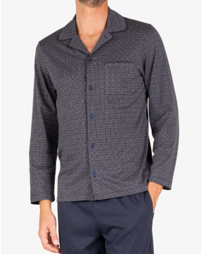 Pyjama long 100% coton Eminence Mercerisé (Marine/Imprimé Cloison)