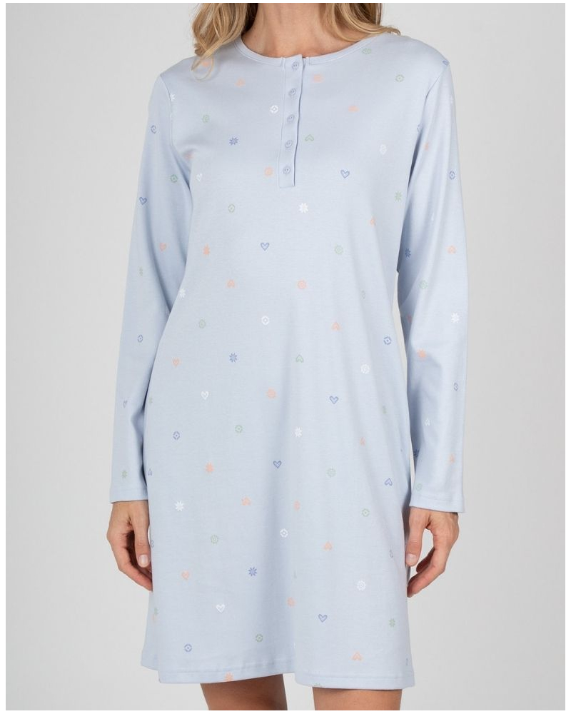 Long-sleeve 100% cotton nightdress Massana (Imprimé Bleu Clair)