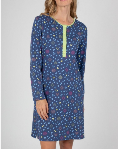 Long-sleeve 100% cotton nightdress Massana (Marine)