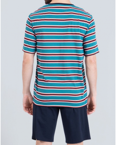 Pyjama court 100% coton Athena Rayures Aventures (Vert Canard/Marine)
