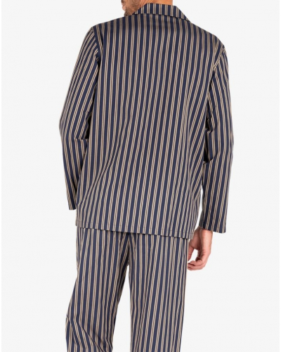 Long button-up pyjama 100% cotton Eminence Popeline (Marine/Rayures Beige)
