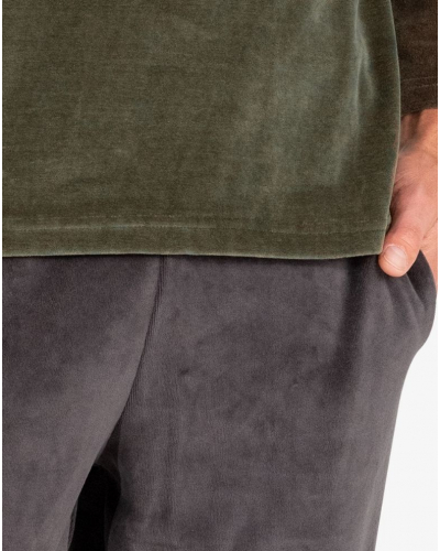 Pyjama long col V en coton Eminence Velours (Vert/Rayures Marron)