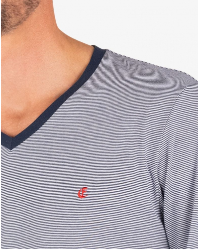 Pyjama long col V 100% coton Eminence L'Intemporel (Marinière/Marine)