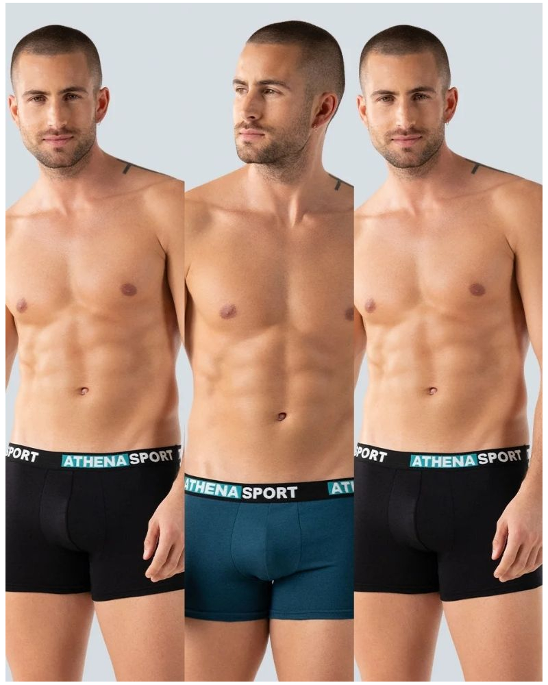 Paquete de 3 bóxers de algodón elástico Athena Daily Sport (Noir/Océan/Noir)