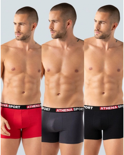 Pack of 3 stretch cotton boxers Athena Daily Sport (Noir/Gris Béton/Rouge)