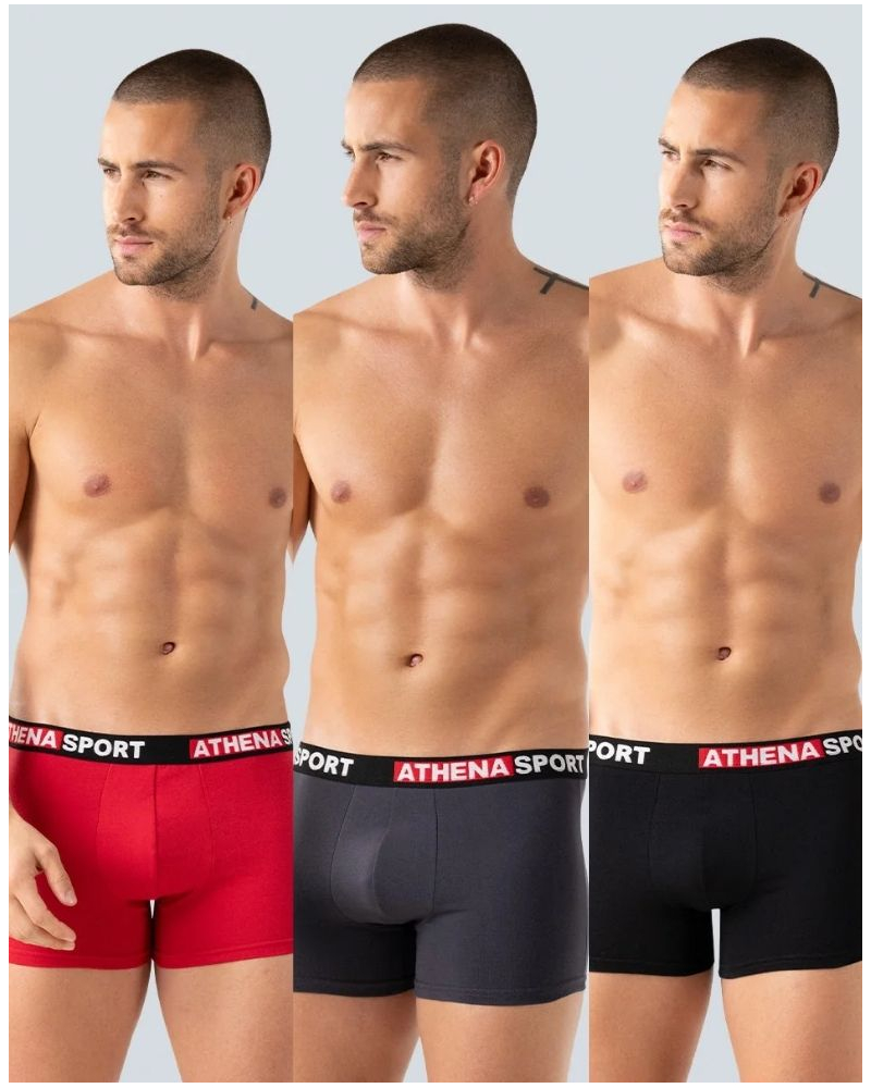 Pack of 3 stretch cotton boxers Athena Daily Sport (Noir/Gris Béton/Rouge)