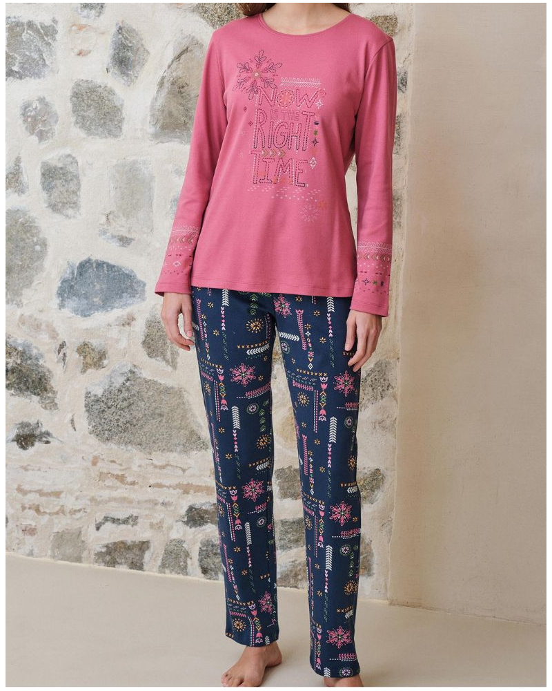 Pyjama long 100% coton Massana (Rose Imprimé)