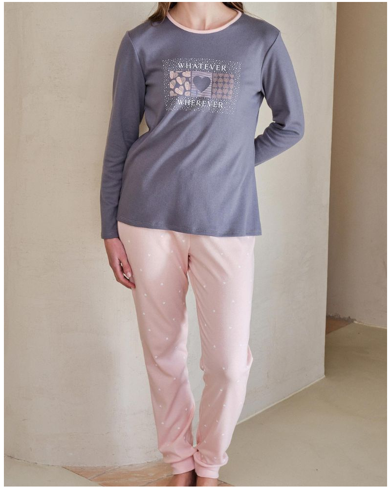 Pijama largo algodón Massana (Imprimé Gris/Rose)