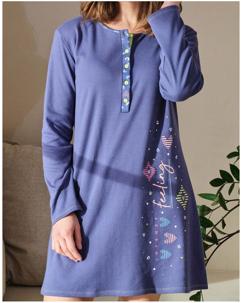 Long-sleeve cotton nightdress Massana (Marine)