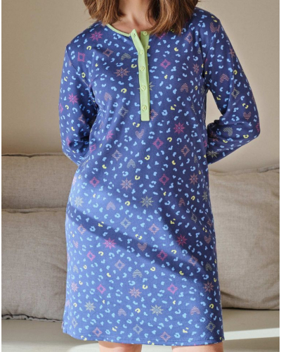 Long-sleeve 100% cotton nightdress Massana (Marine)