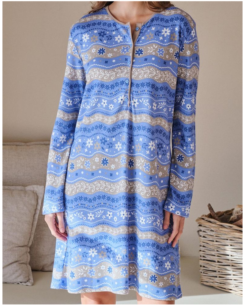 Long-sleeved cotton modal nightdress Massana (Bleu)