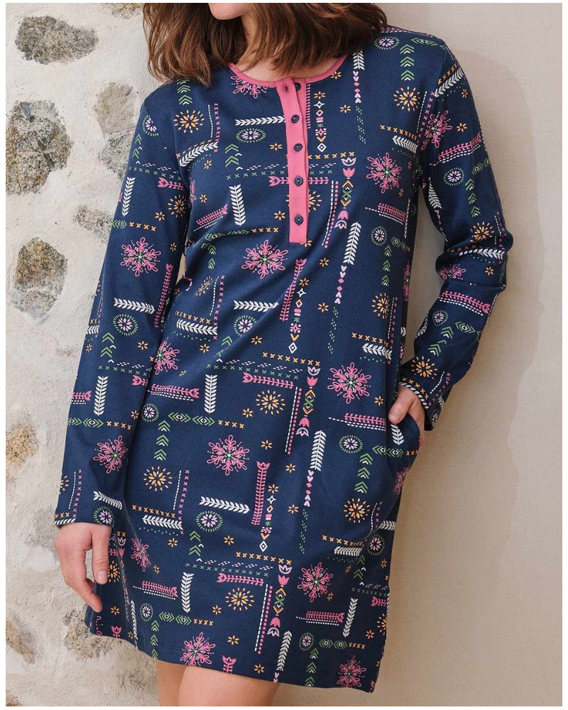 Long-sleeved 100% cotton nightdress Massana (Imprimé Bleu Foncé)