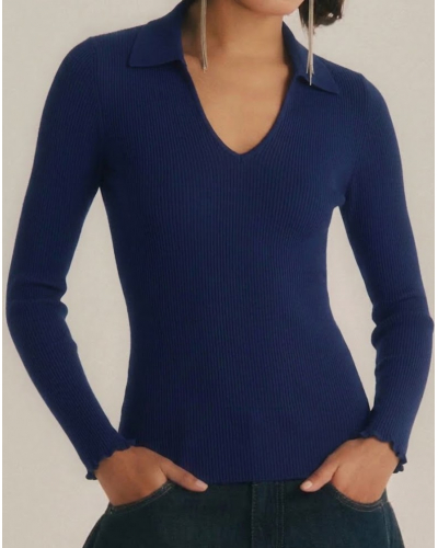 Top manches longues côtelé laine et soie satin Oscalito 6349 (Bleu marine)