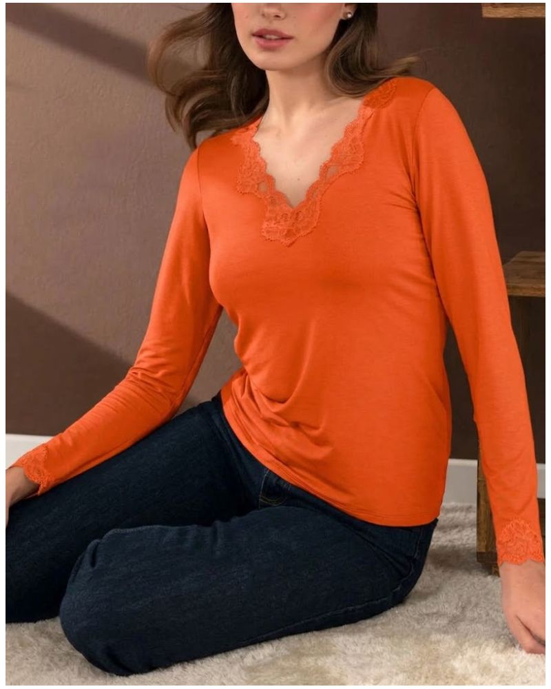 T-shirt manches longues col en V Antigel Simply Perfect (Orange Safrané)