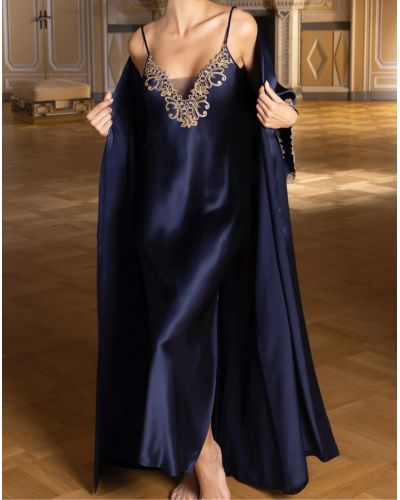 Salto de cama largo de seda Lise Charmel Grand Soir Saphir (Marine Or)