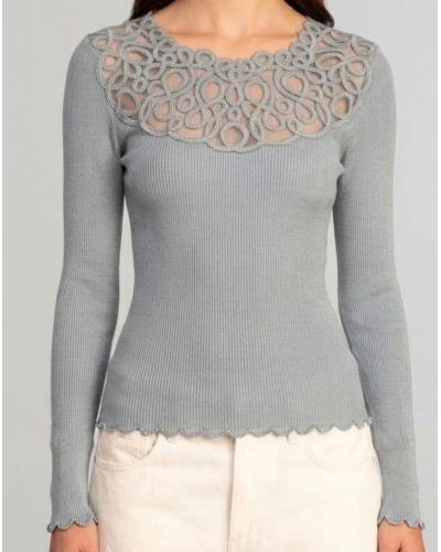 Top manches longues côtelé laine et soie Macramé 7828 (Gris)