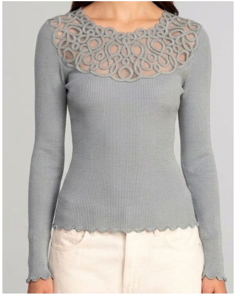Long-sleeved ribbed wool and silk top macramé Oscalito 7828 (Gris)