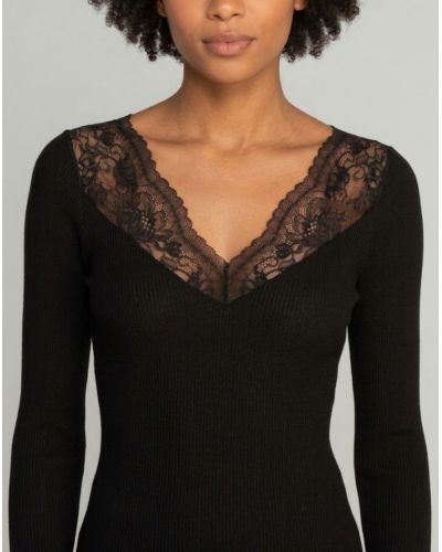 Long-sleeve wool and silk top with Leavers lace Oscalito 7807 (Black)