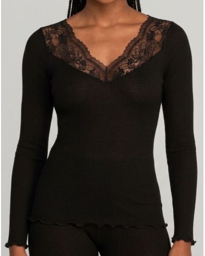 Long-sleeve wool and silk top with Leavers lace Oscalito 7807 (Black)
